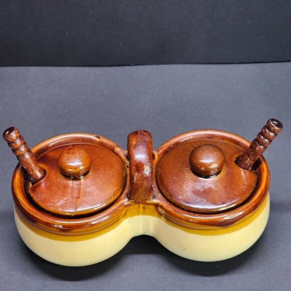 Vintage Stoneware Double Condiment Crock Set with Spoons and Lids - Picture 3 of 10